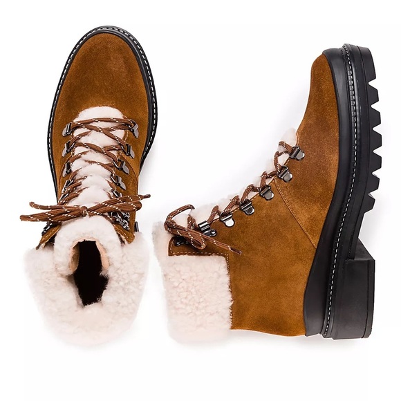 Bernardo Dash Hiker Boots Shearling Suede Brown New - Picture 2 of 12